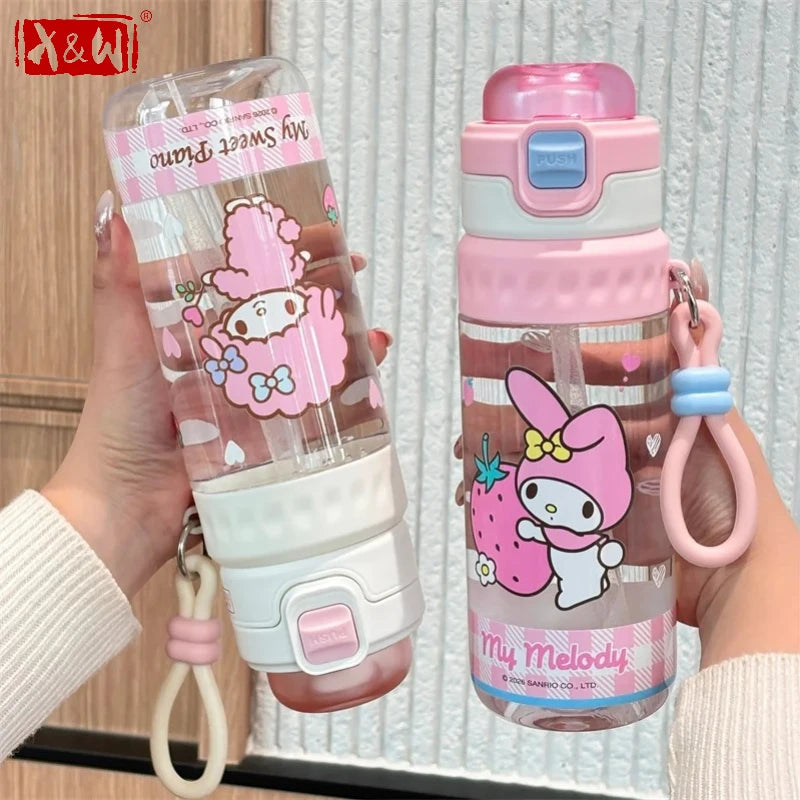 X&W Sanrio Water Bottle 750ml Cartoon My Melody Kuromi Plastic Cup Tritan Double Drink Straw Cups Summer Kids Spray Water Cup